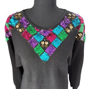 Vintage 80s DIVERSITY Multi Sequin Geometric Black Cotton Sweater MP